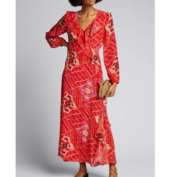 Figue Dresses & Skirts - NWT Figue Mosaic Batik Ruffle Trim Arabella Wrap Dress Red Size S/M